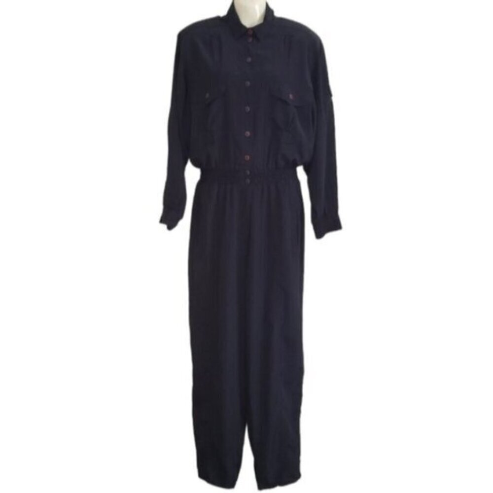 Vintage Dark Blue Collared Jumpsuit Women's Size Medium 70's 80's Retro